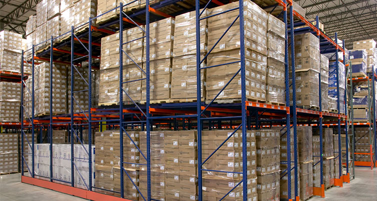 Pushback rack lanes holding several pallets deep