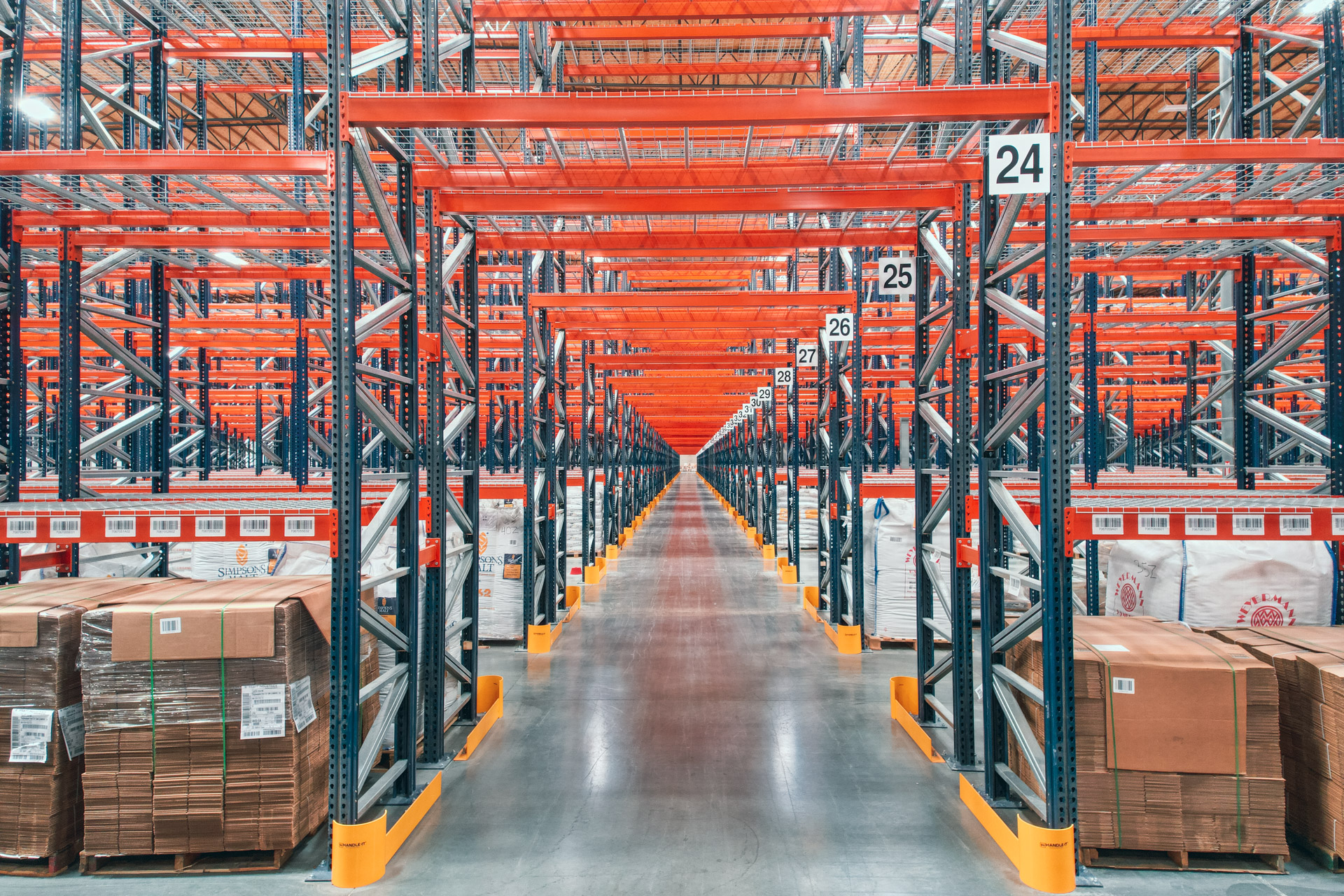 Selective pallet rack aisle like those we lay out in Calhoun